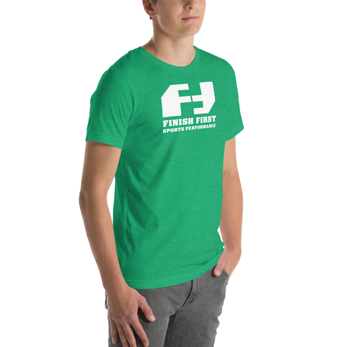 Finish First logo tee in heather kelly, right front view