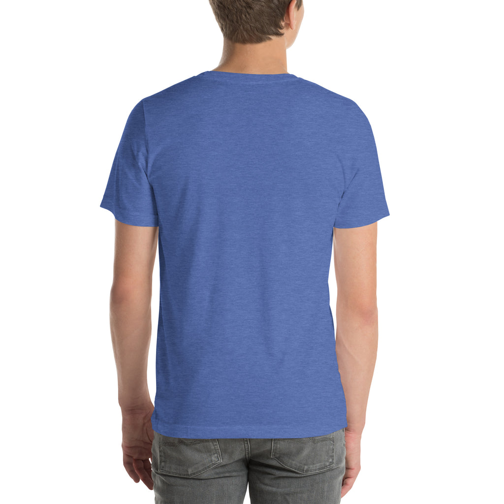 Finish First logo tee in heather true royal, back view
