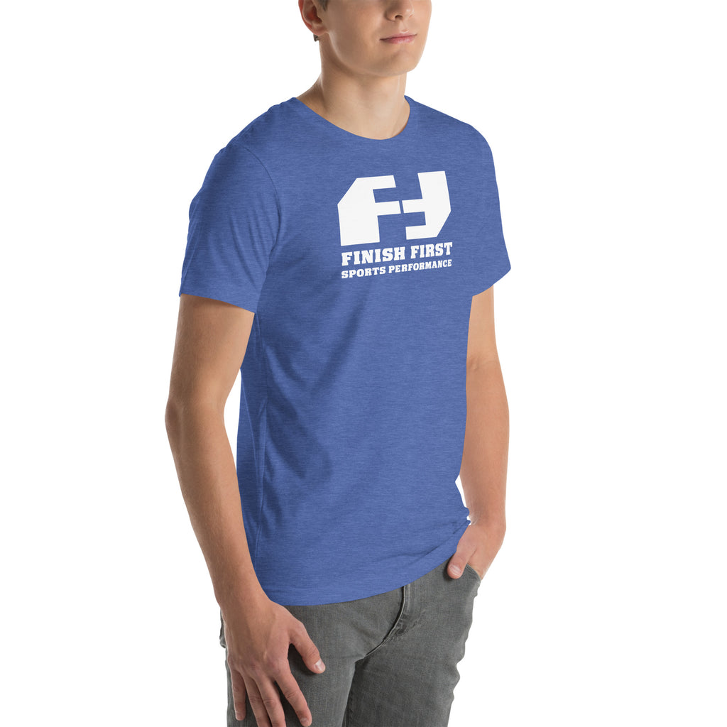 Finish First logo tee in heather true royal, right front view