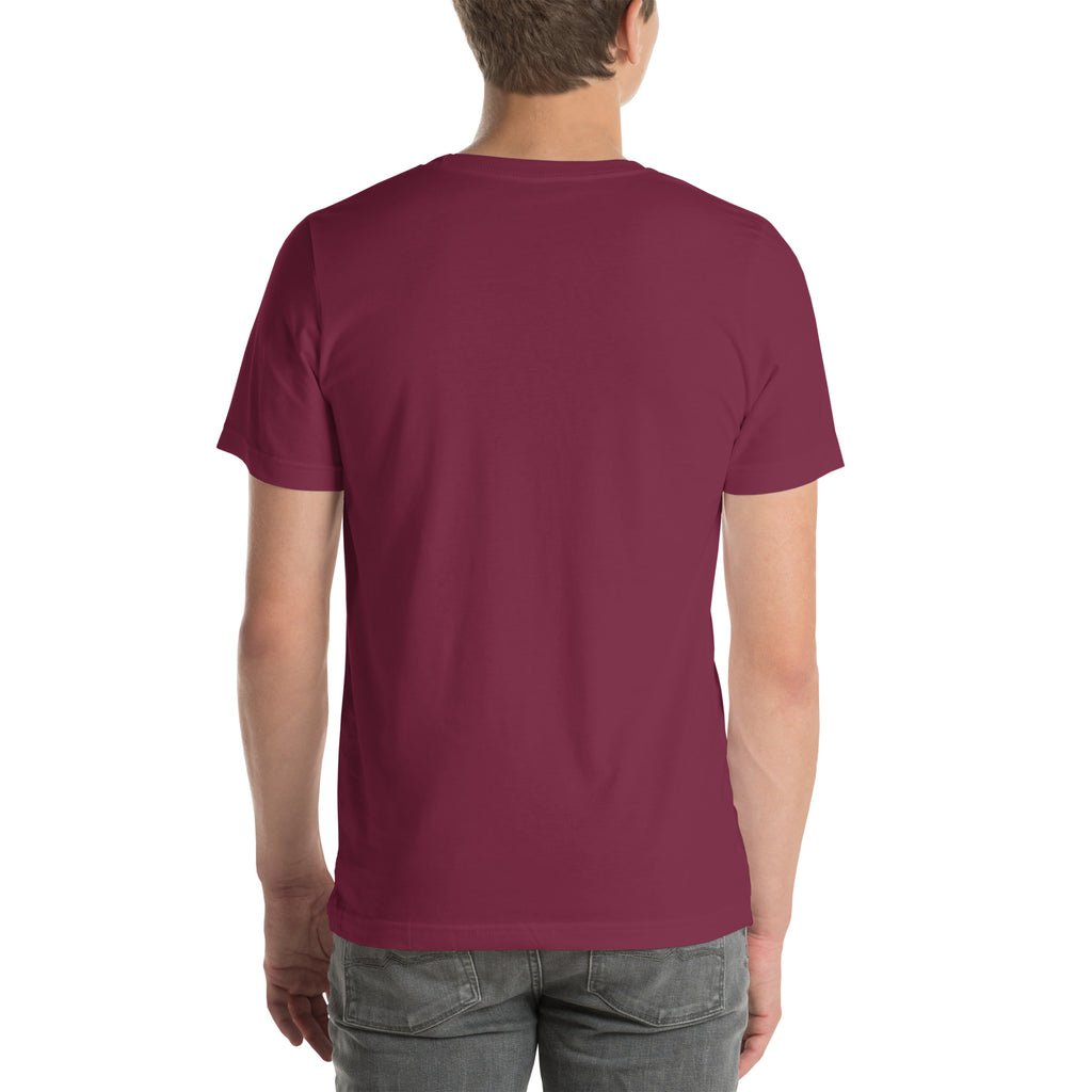 Finish First logo tee in maroon, back view