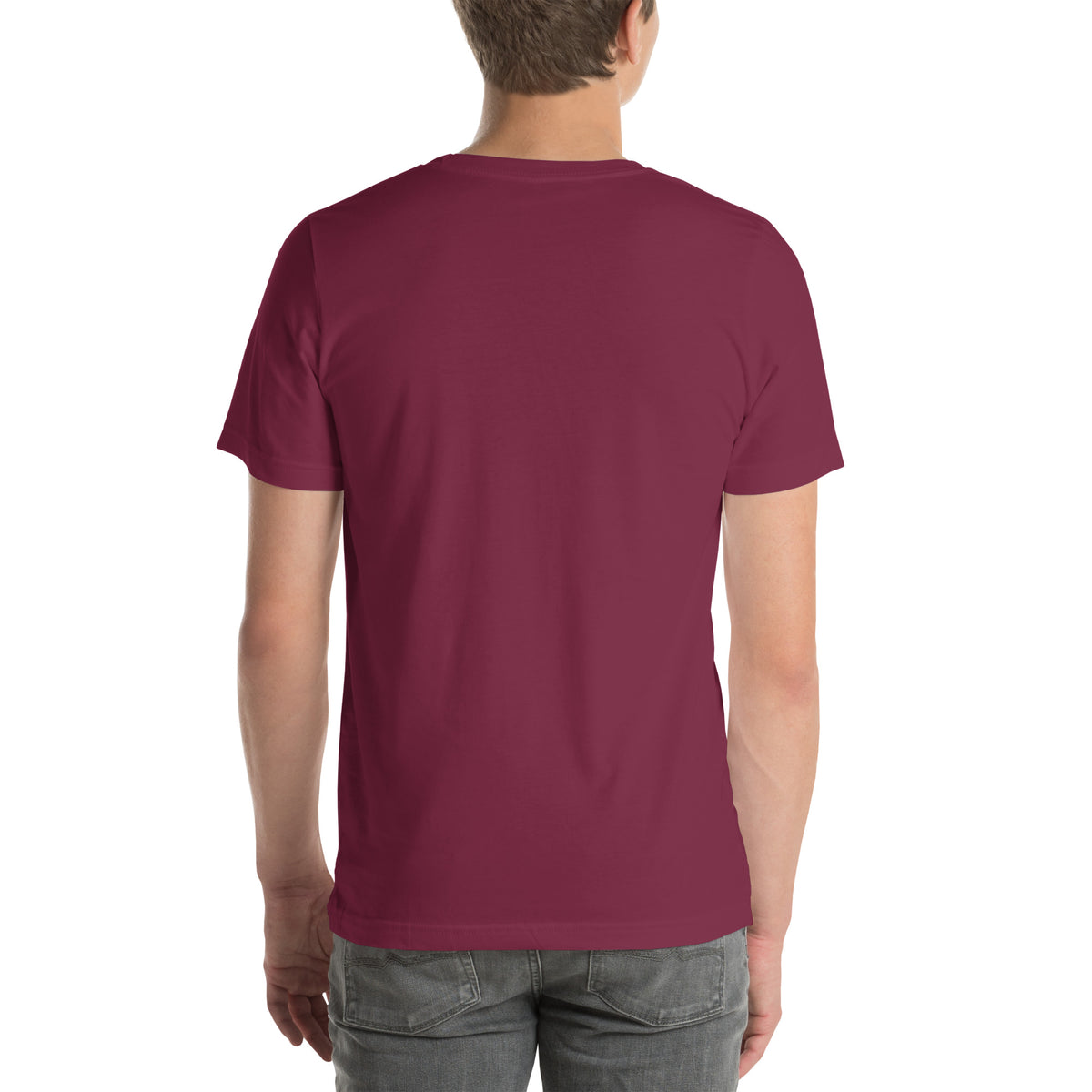 Finish First logo tee in maroon, back view