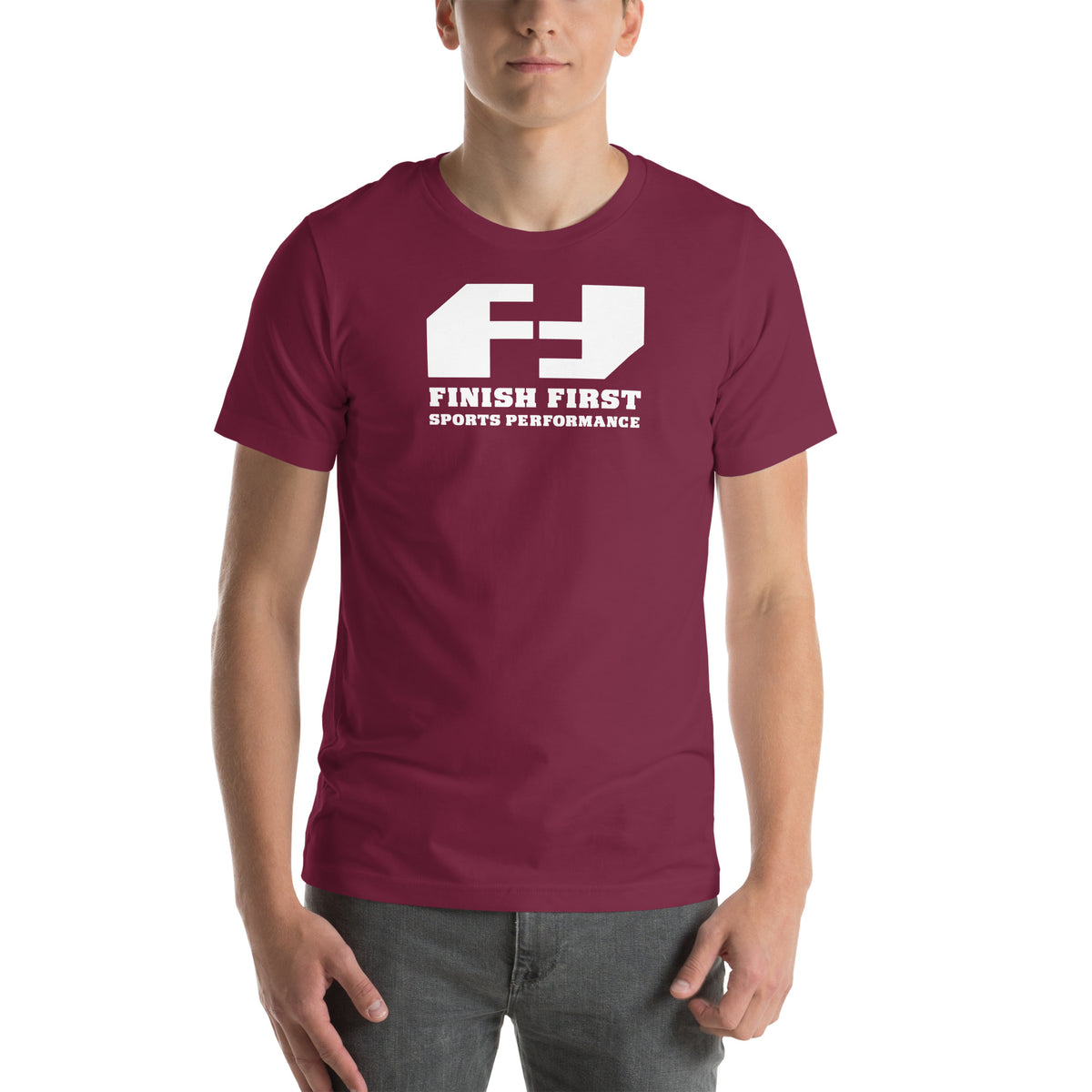 Finish First logo tee in maroon, front view