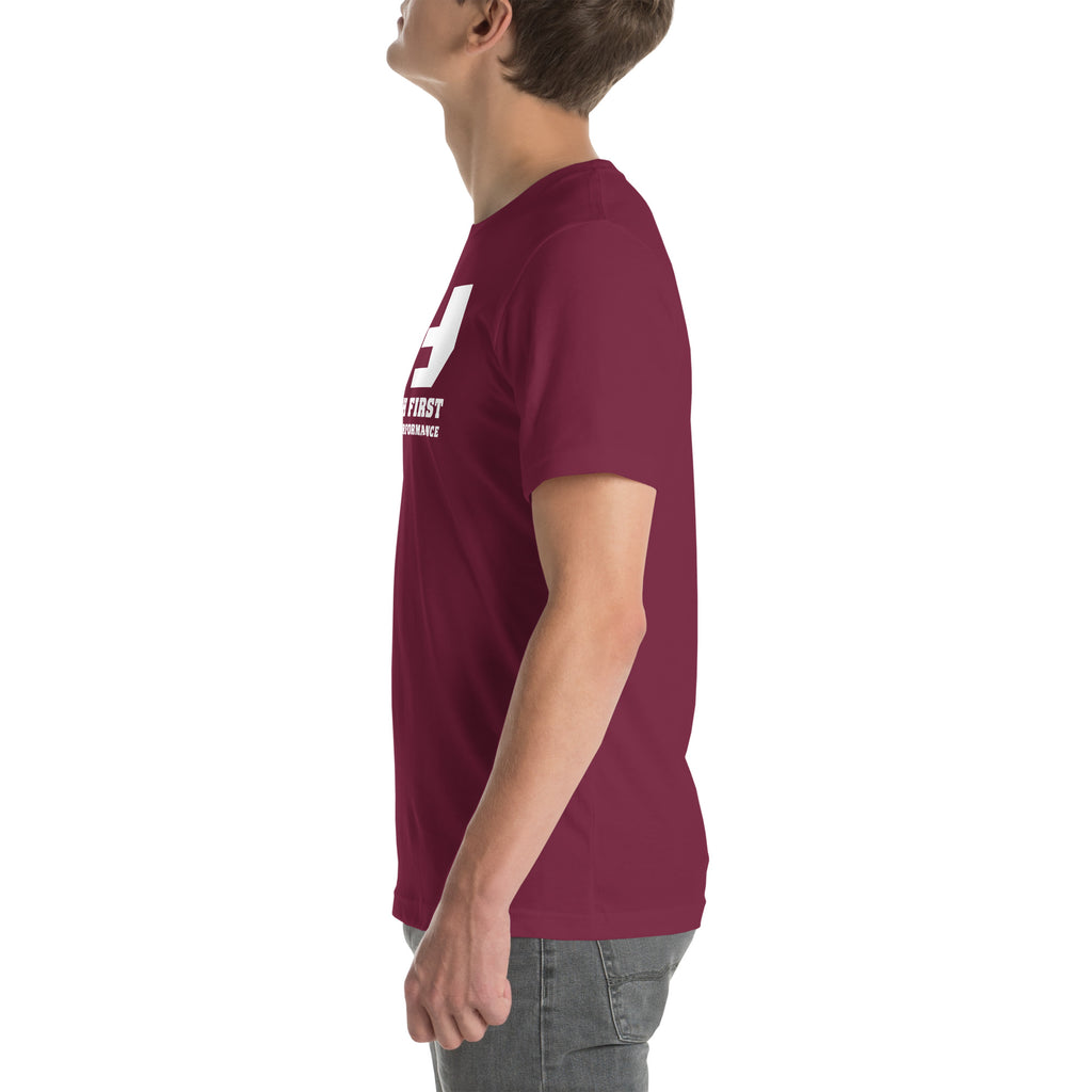 Finish First logo tee in maroon, left view