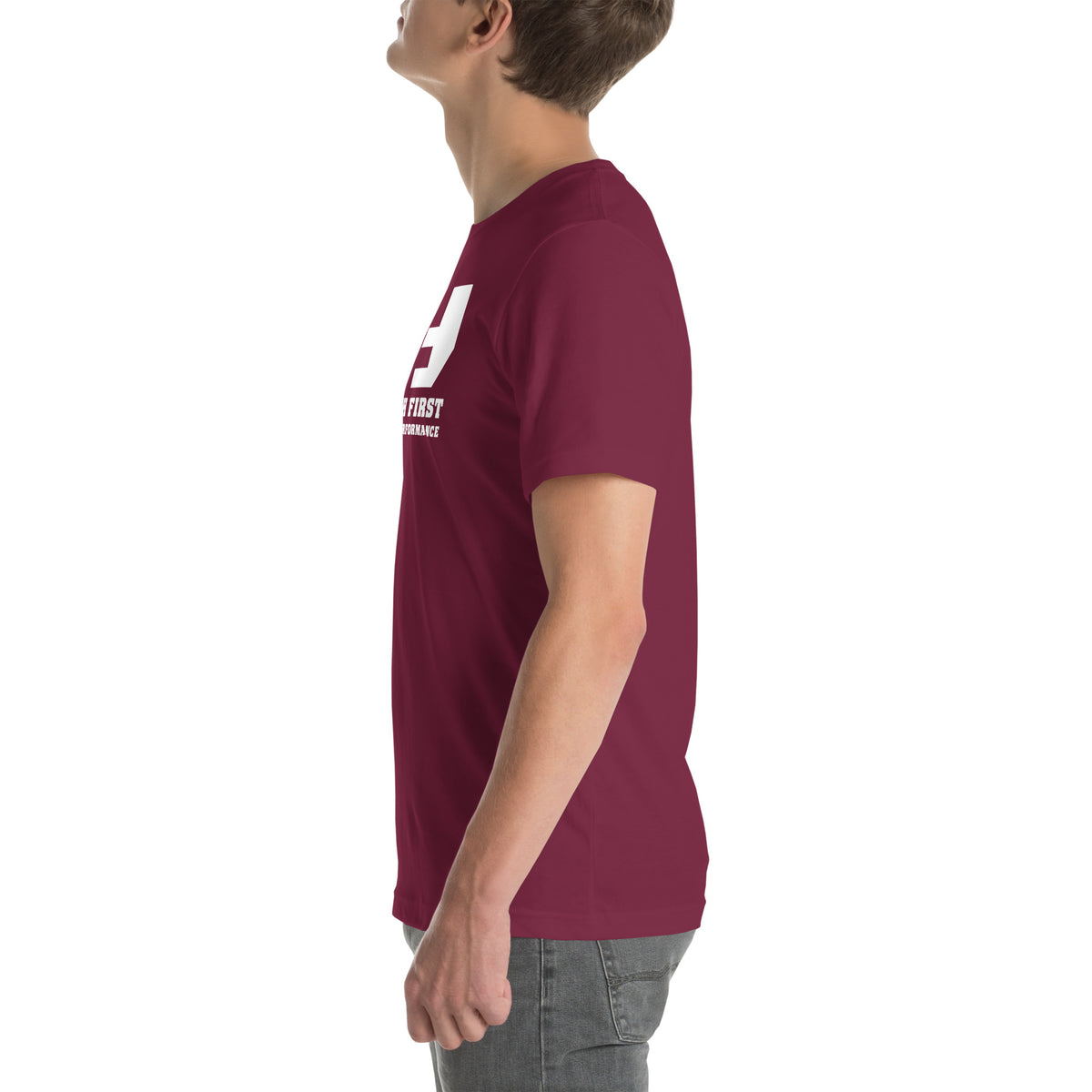 Finish First logo tee in maroon, left view