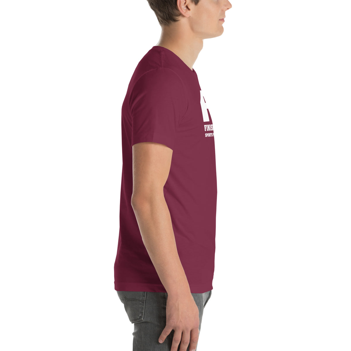 Finish First logo tee in maroon, right view
