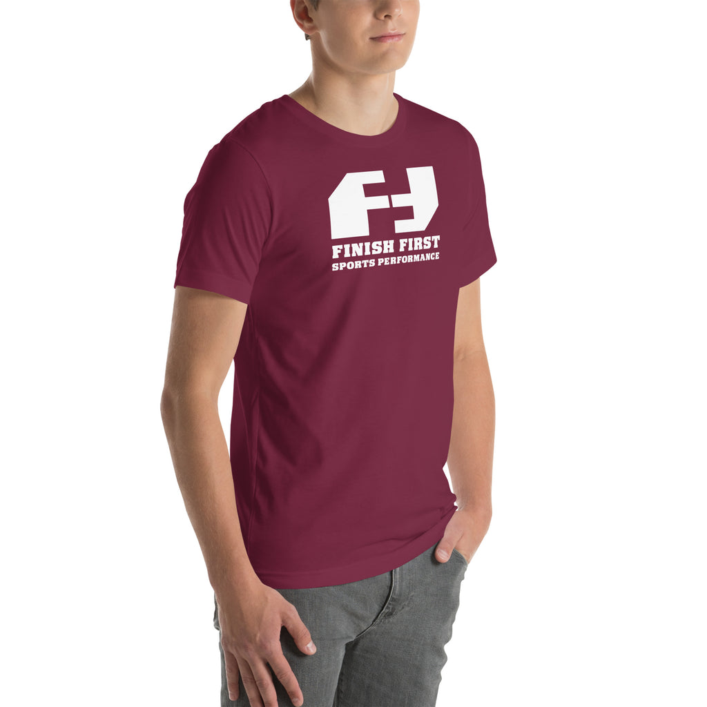 Finish First logo tee in maroon, right front view