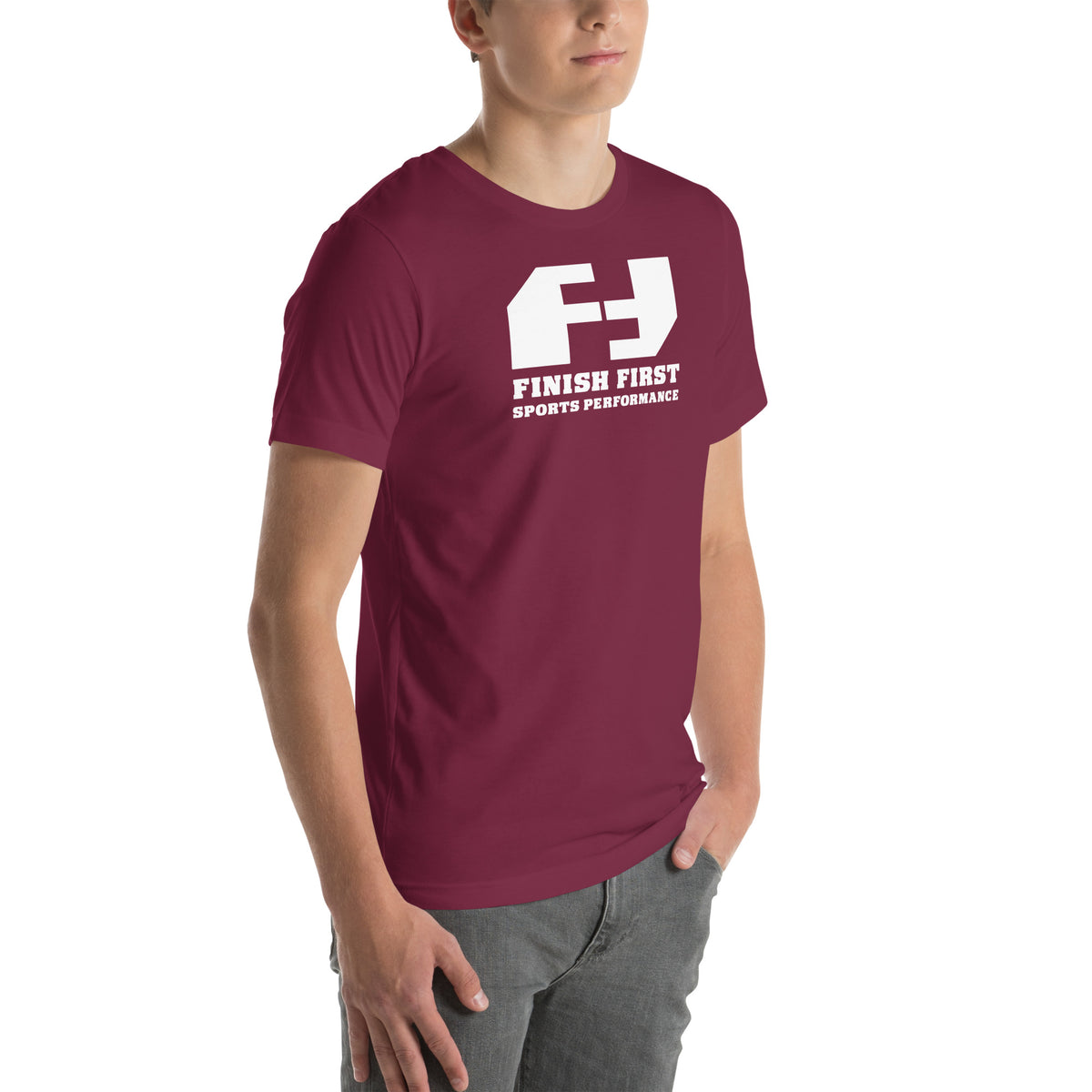 Finish First logo tee in maroon, right front view