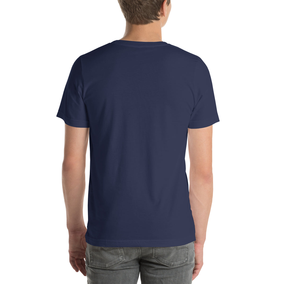 Finish First logo tee in navy, back view