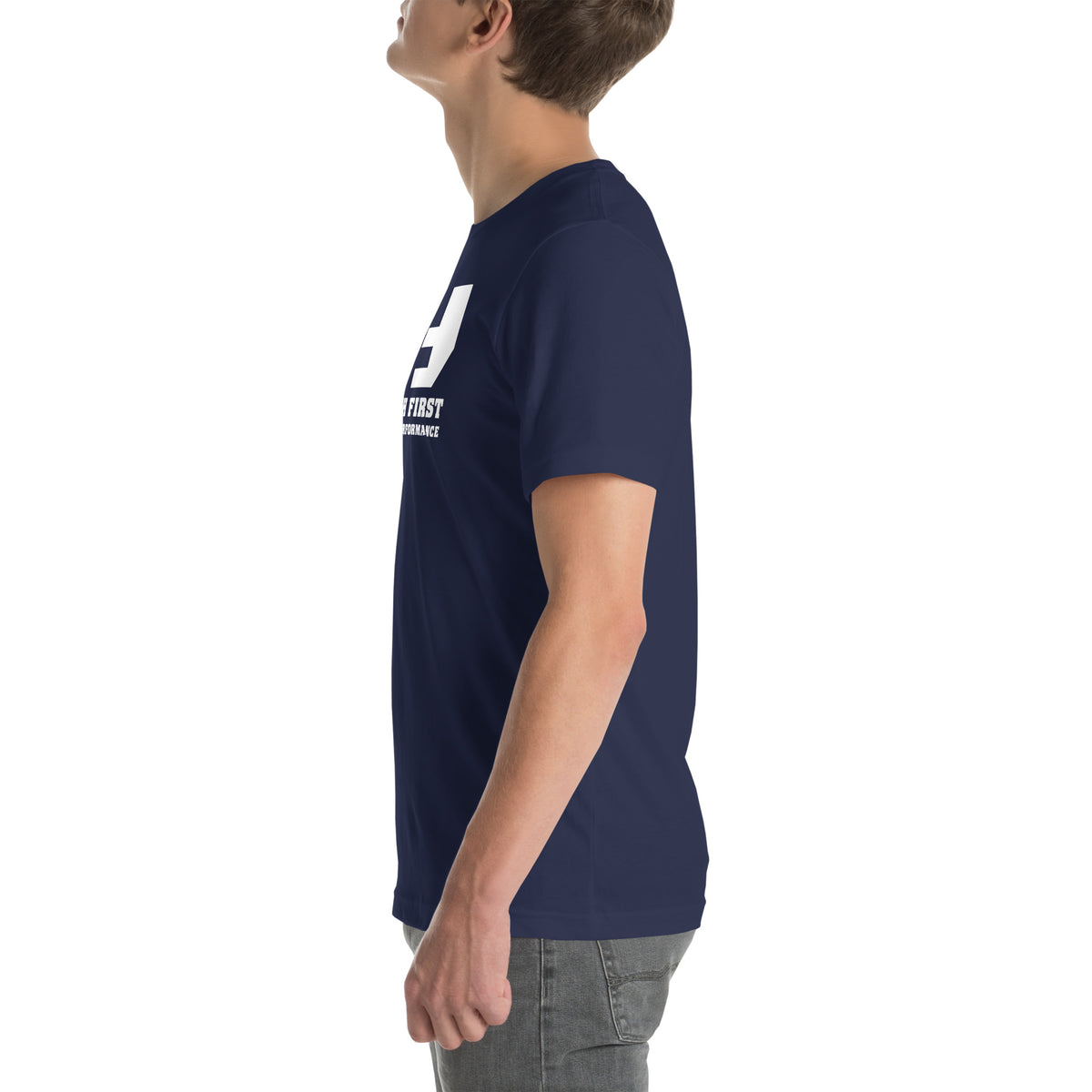 Finish First logo tee in navy, left view