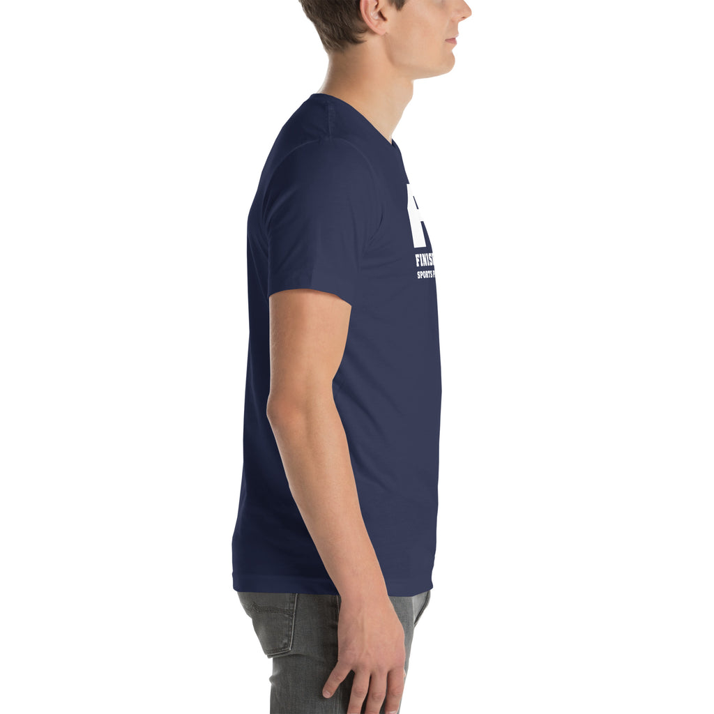 Finish First logo tee in navy, right view