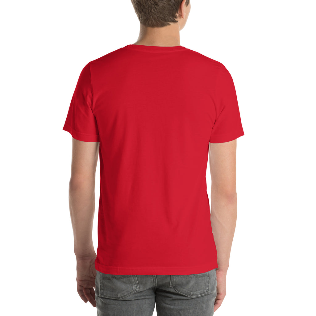 Finish First logo tee in red, back view