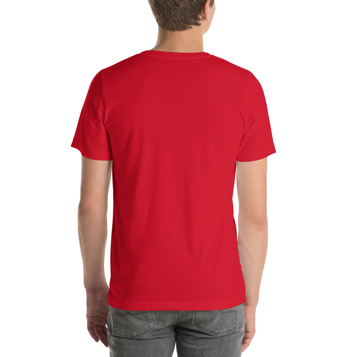Finish First logo tee in red, back view