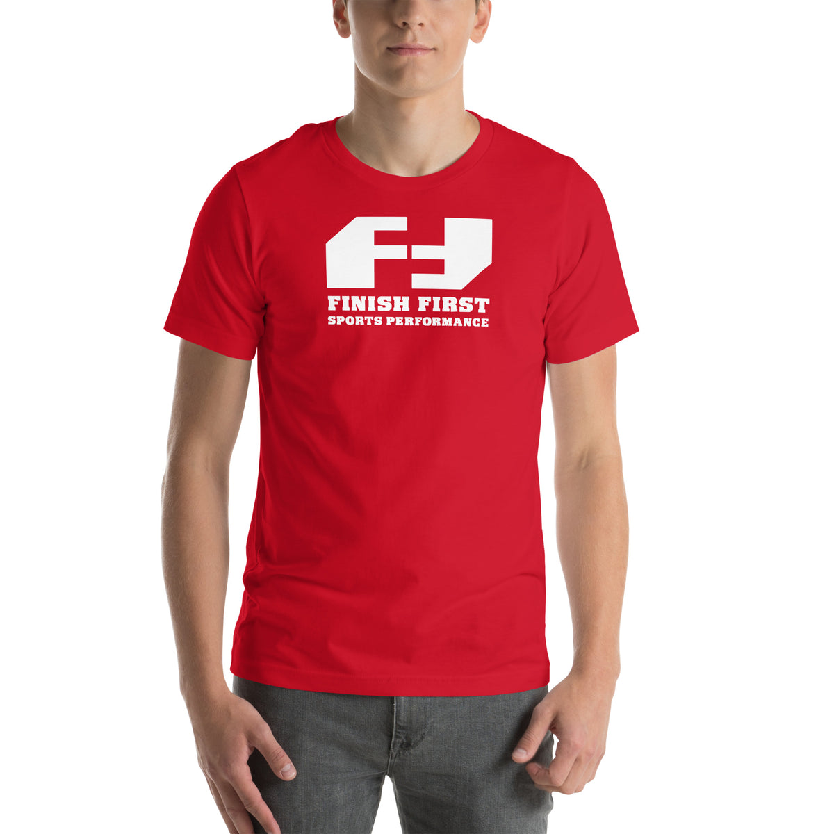 Finish First logo tee in red, front view