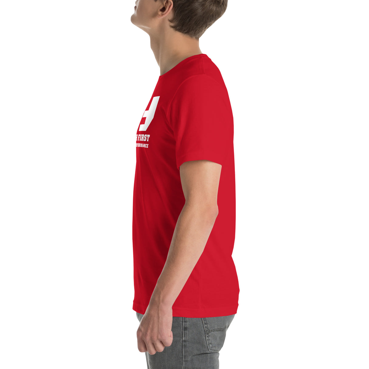 Finish First logo tee in red, left view