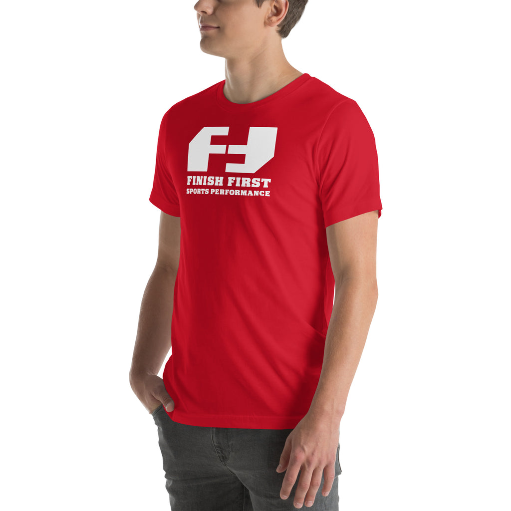 Finish First logo tee in red, left front view