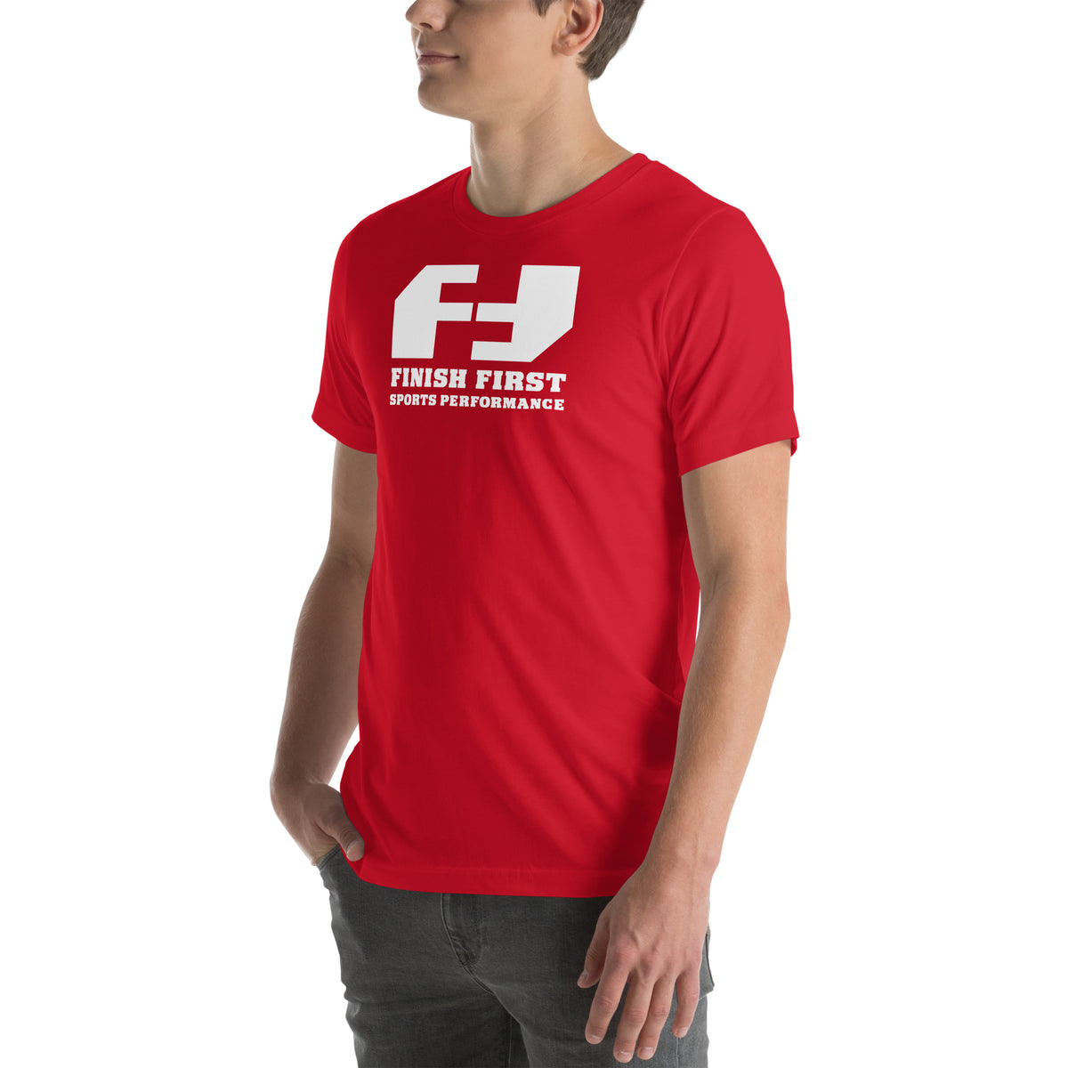 Finish First logo tee in red, left front view