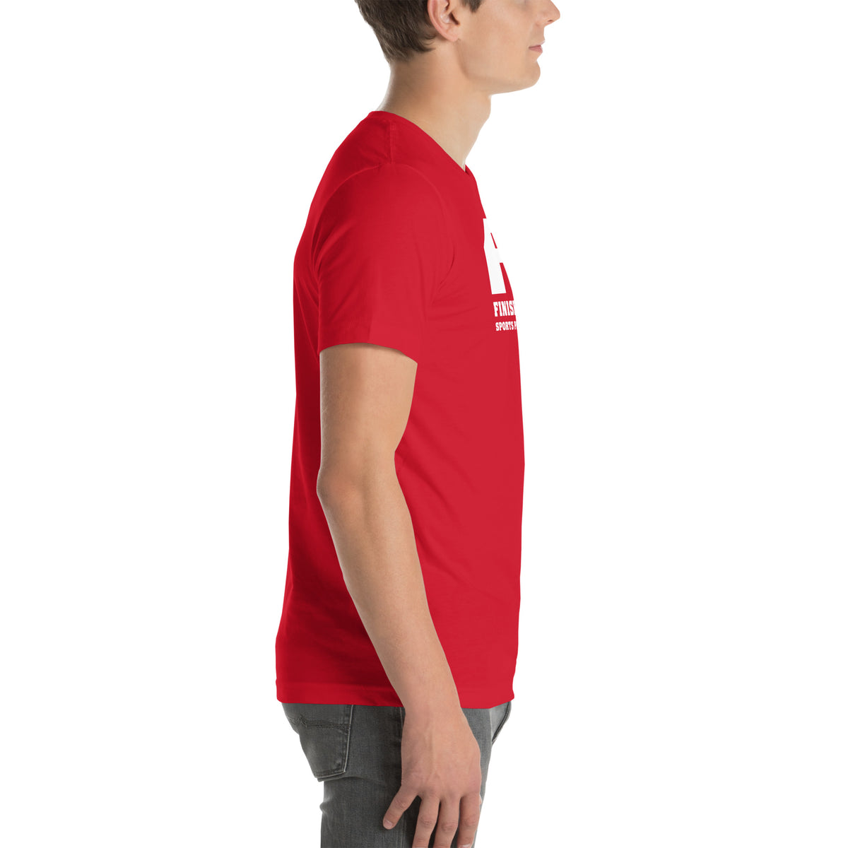 Finish First logo tee in red, right view