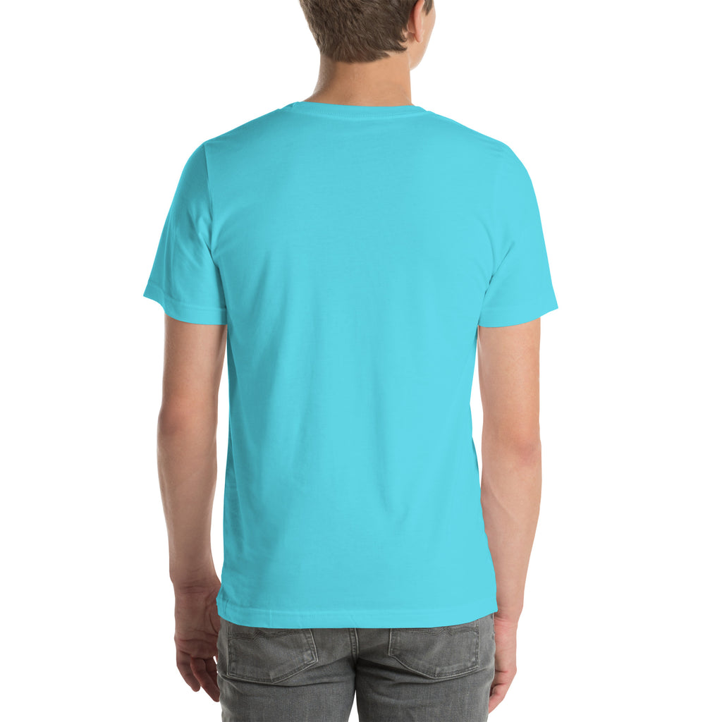 Finish First logo tee in turquoise, back view