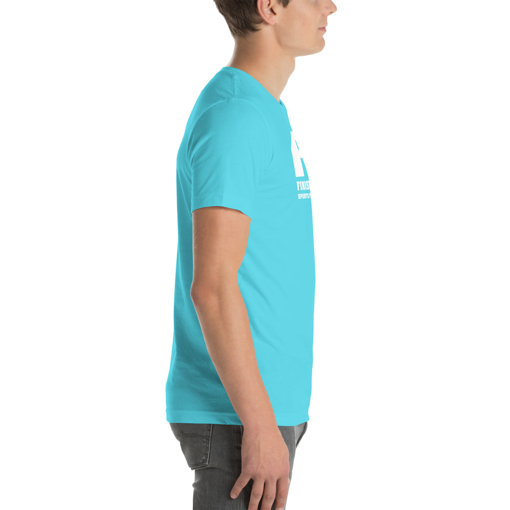 Finish First logo tee in turquoise, right view