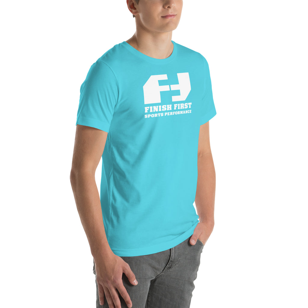 Finish First logo tee in turquoise, right front view