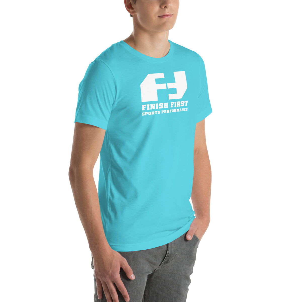 Finish First logo tee in turquoise, right front view