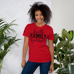 Load image into Gallery viewer, Faith. Family. Football. Women&#39;s Short-Sleeve T-Shirt
